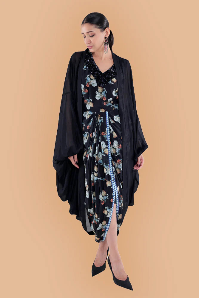 Printed Sky Blue/ Black Draped Skirt Dress With Cape