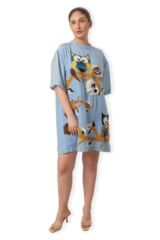 Blue T-shirt Dress With Hand Embroidery