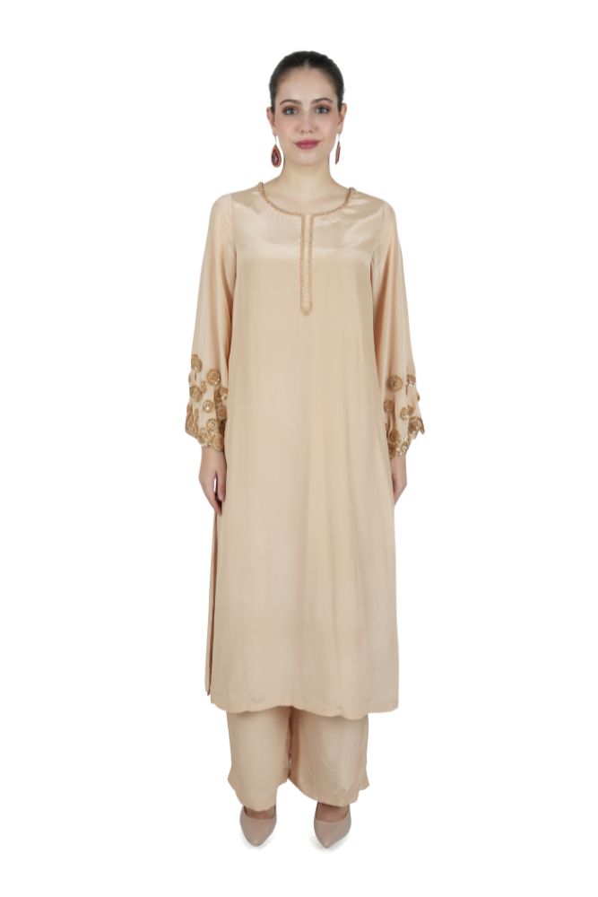 Beige Embroidered Silk Kurta Set