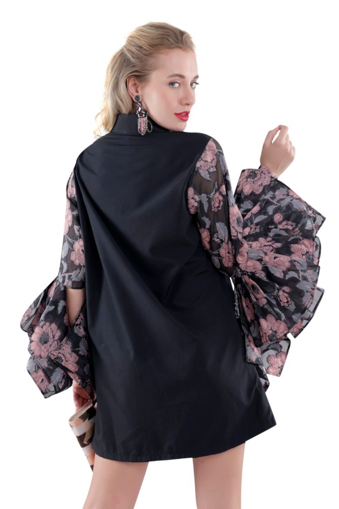 Floral Pleated Sleeve Shirt Dress