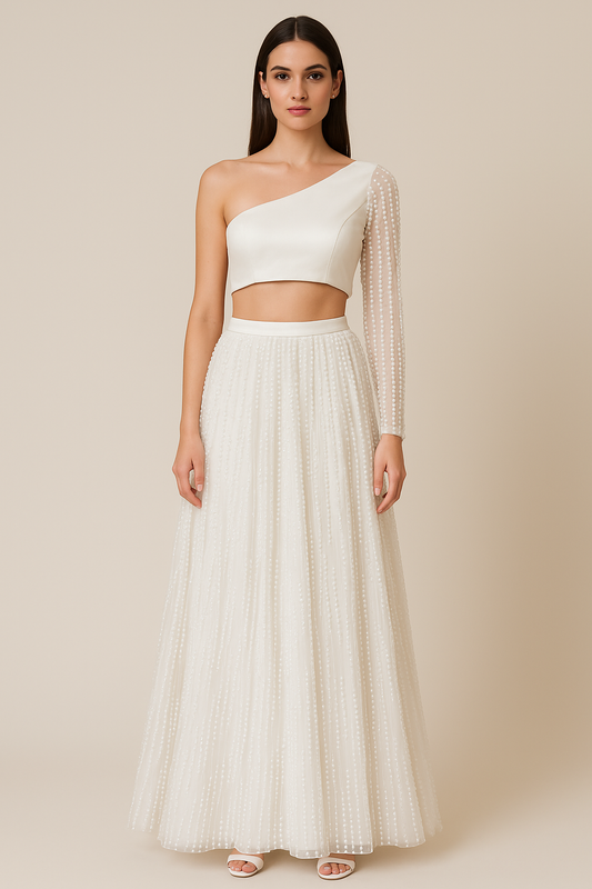 White Embroidered One-Shoulder Crop Top and Skirt