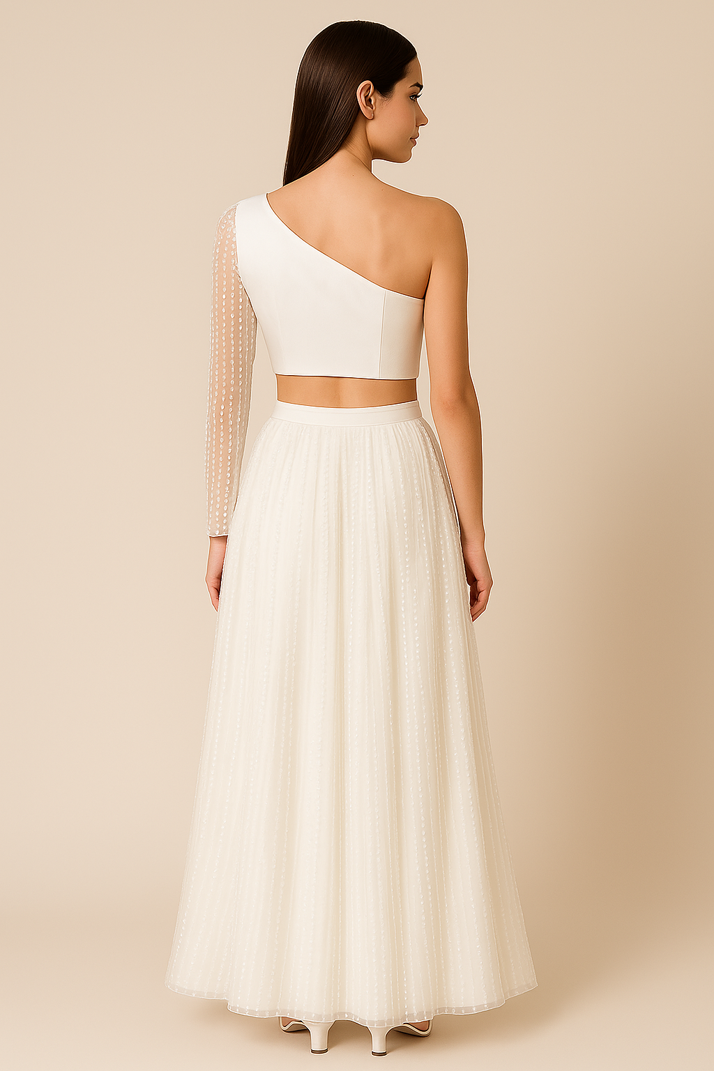 White Embroidered One-Shoulder Crop Top and Skirt