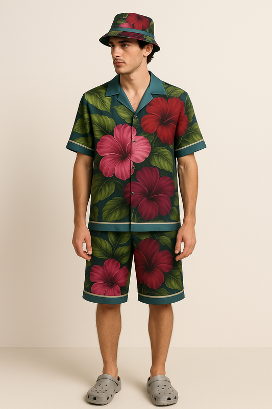 TROPICAL BLOOM CO-ORD SET – Silk-Cotton Floral Shirt + Shorts Set
