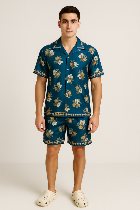 IMPERIAL BOTANICA CO-ORD SET – Printed Silk-Cotton Shirt + Shorts