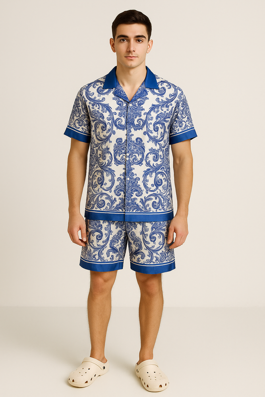 BAROQUE COAST CO-ORD SET – Blue Renaissance Meets Modern Resortwear