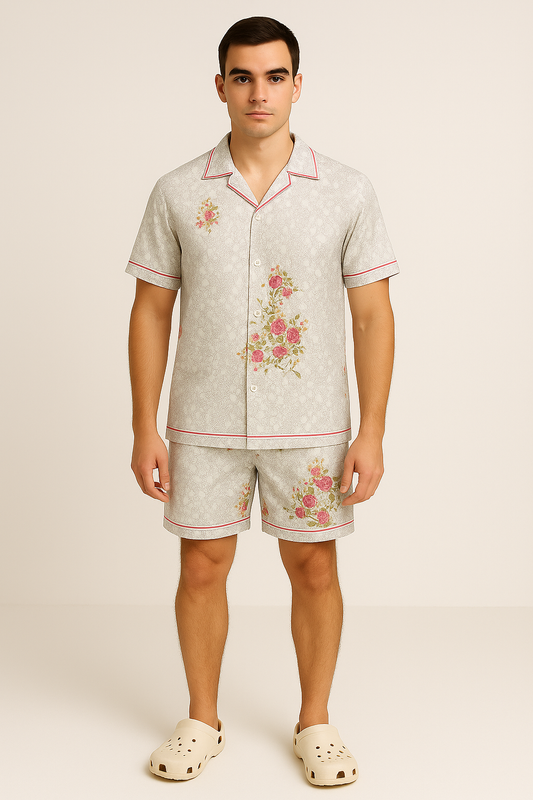 Men’s White Floral Printed Cuban Collar Shirt & Shorts Co-ord Set