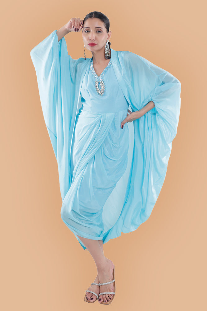 Embroidered Dress in Sky Blue/ Peach/ Aqua Blue  colours With Ruched Cape