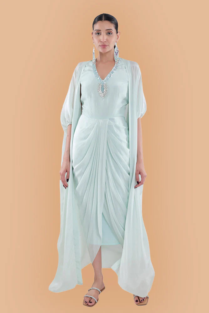Embroidered Dress in Sky Blue/ Peach/ Aqua Blue  colours With Ruched Cape