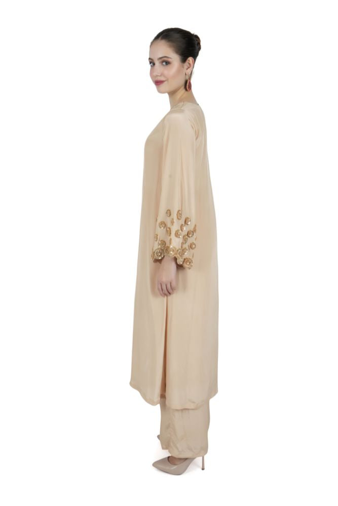 Beige Embroidered Silk Kurta Set