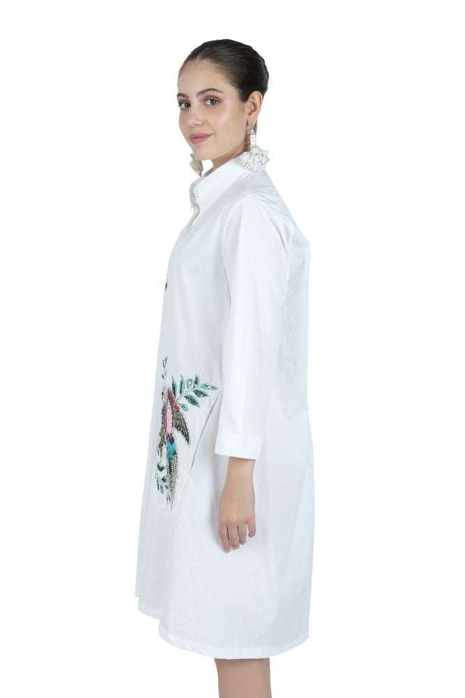 Bird Embroidered White Shirt Dress