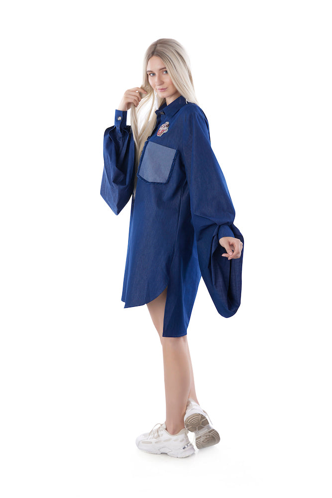 Balloon Sleeves Denim Shirt Dress