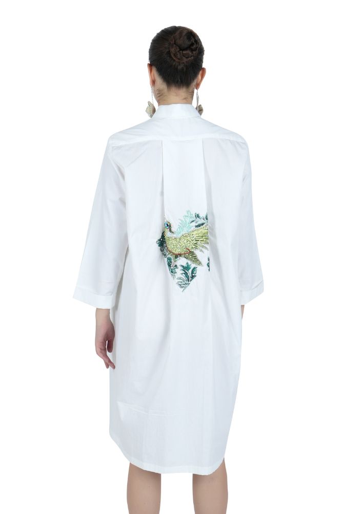 Bird Embroidered White Shirt Dress