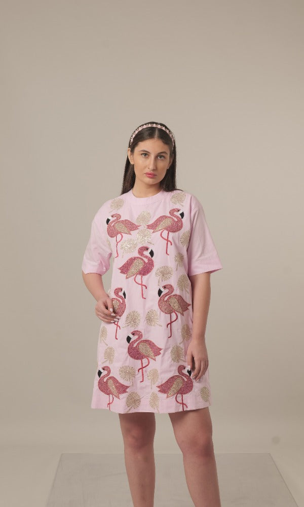 Flamingo Embroidered Dress