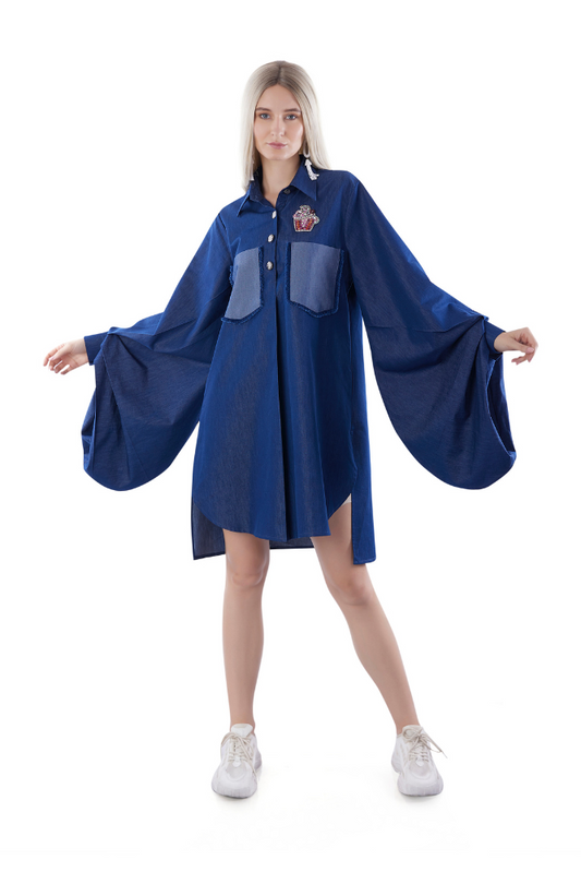Balloon Sleeves Denim Shirt Dress