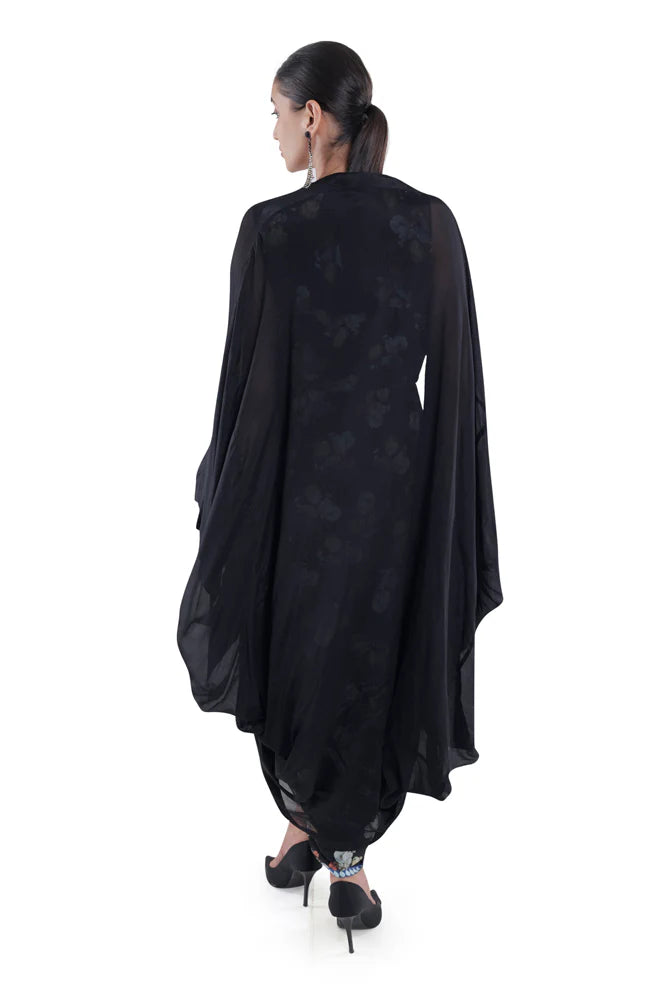 Printed Sky Blue/ Black Draped Skirt Dress With Cape