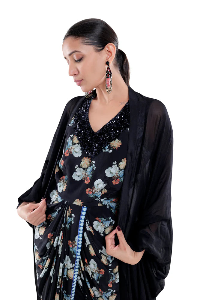 Printed Sky Blue/ Black Draped Skirt Dress With Cape