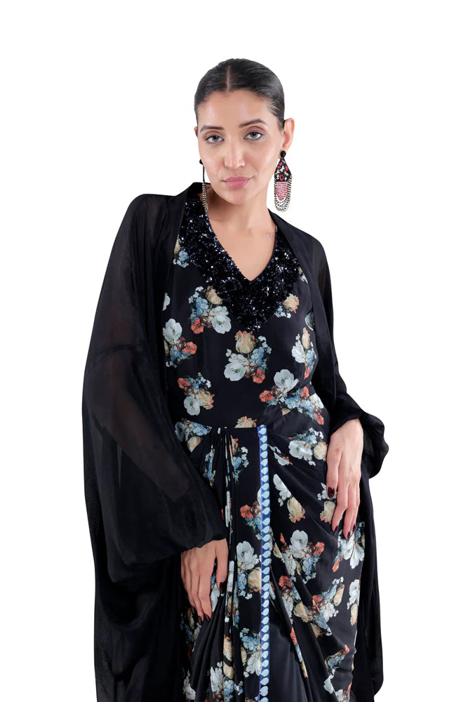 Printed Sky Blue/ Black Draped Skirt Dress With Cape