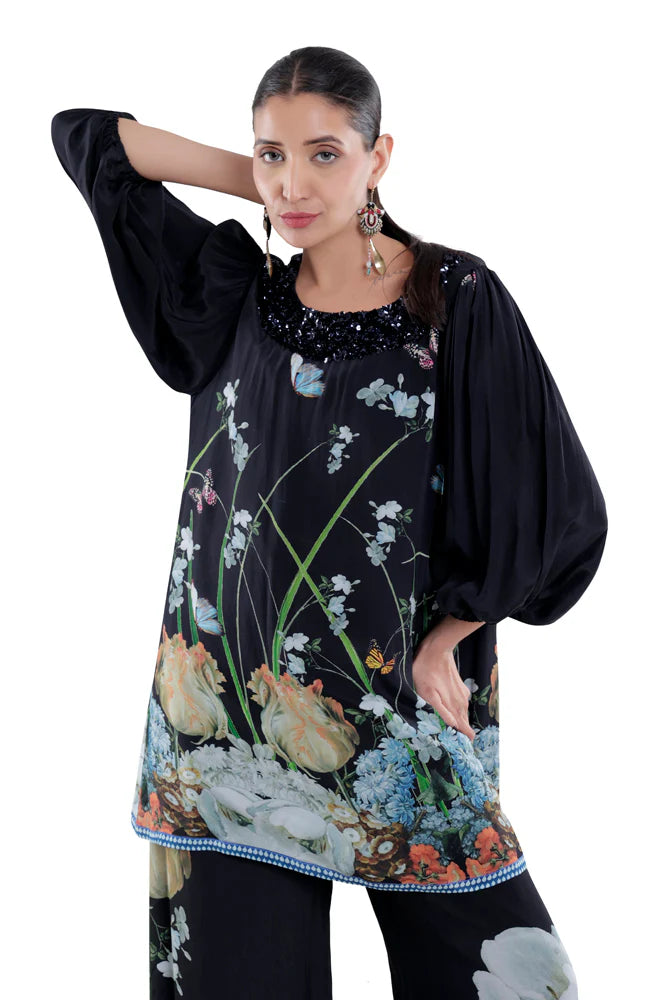 Floral Printed Silk Balloon Sleeve in Black/White/Blue Co-ord Sets