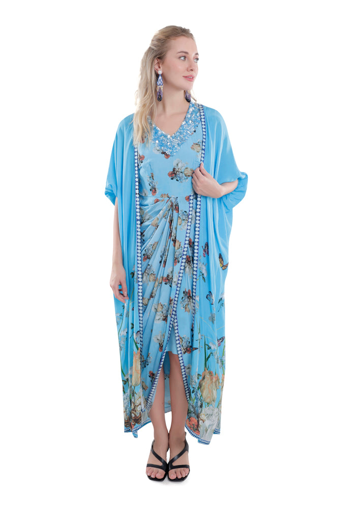 Printed Sky Blue/ Black Draped Skirt Dress With Cape