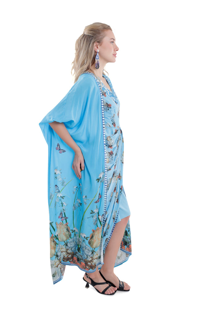 Printed Sky Blue/ Black Draped Skirt Dress With Cape