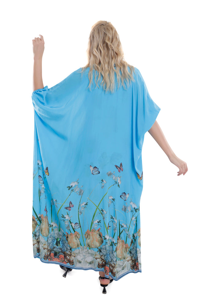 Printed Sky Blue/ Black Draped Skirt Dress With Cape