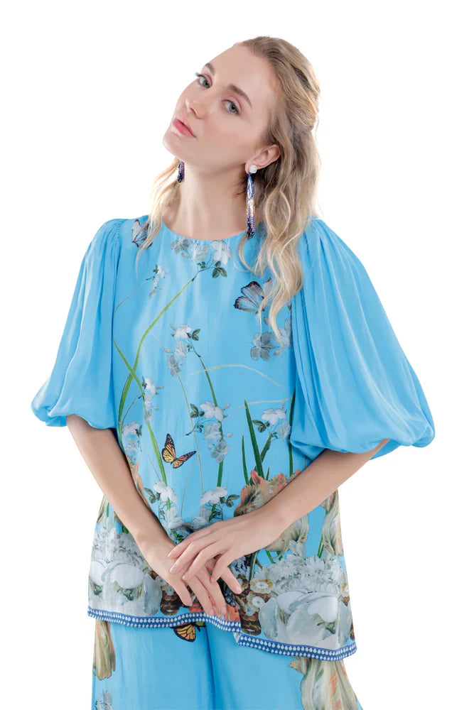 Floral Printed Silk Balloon Sleeve in Black/White/Blue Co-ord Sets
