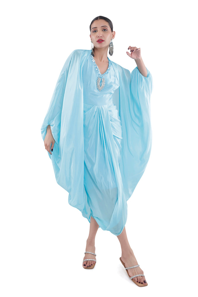 Embroidered Dress in Sky Blue/ Peach/ Aqua Blue  colours With Ruched Cape