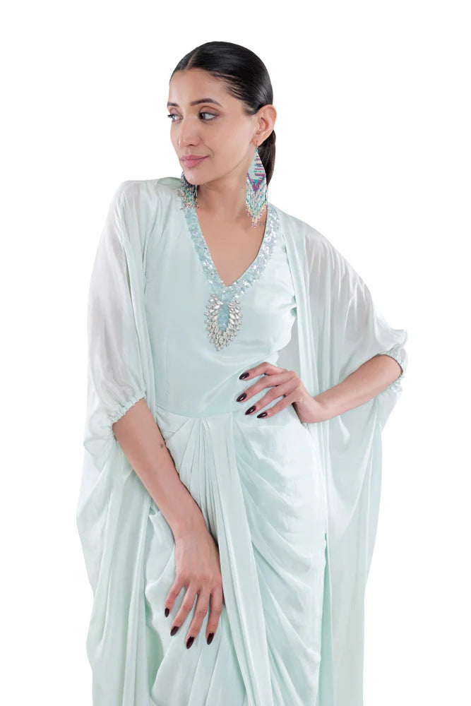 Embroidered Dress in Sky Blue/ Peach/ Aqua Blue  colours With Ruched Cape