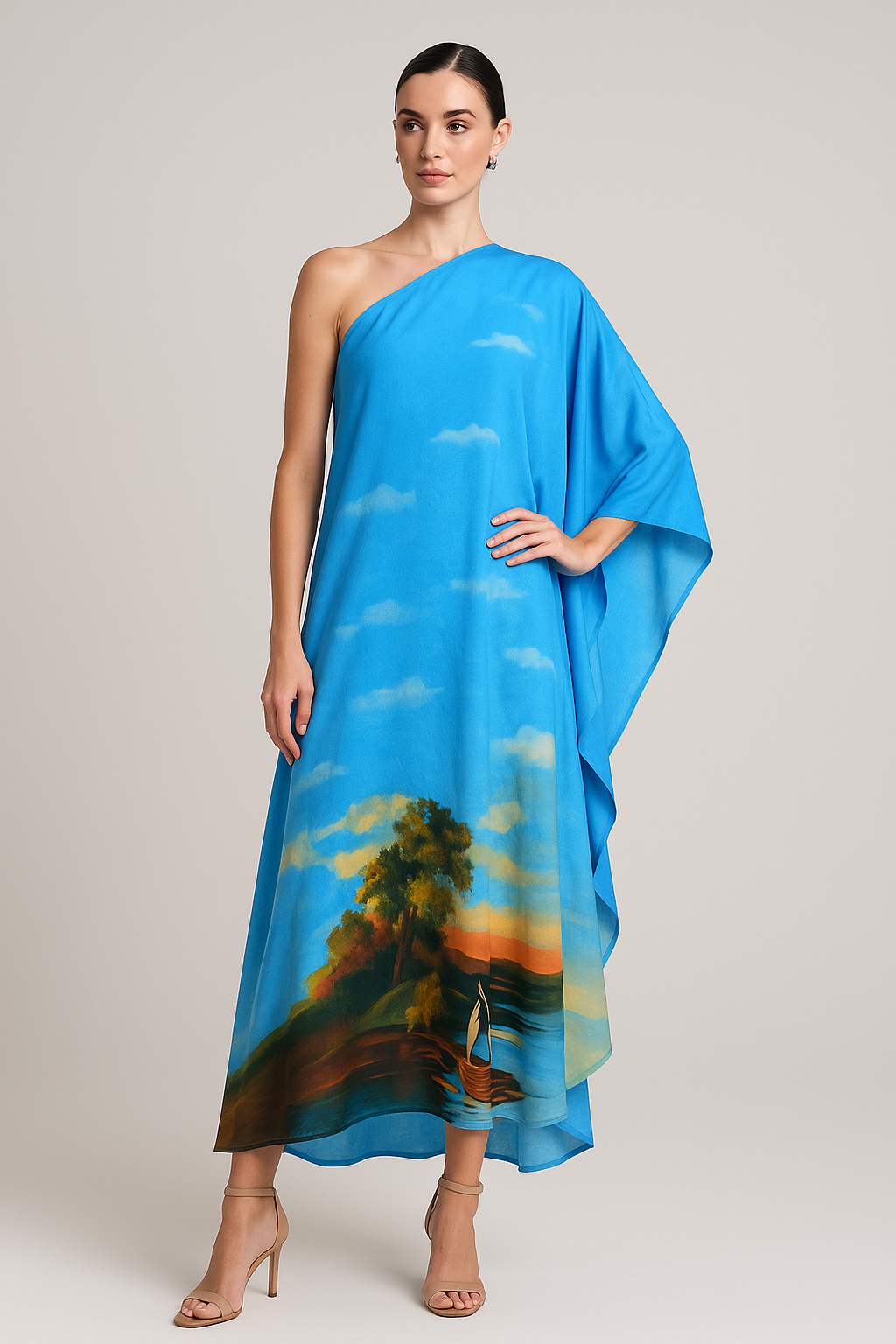 Luxury One-Shoulder Scenic Sunset Linen Kaftan – Resort & Cruise Wear Maxi Dress