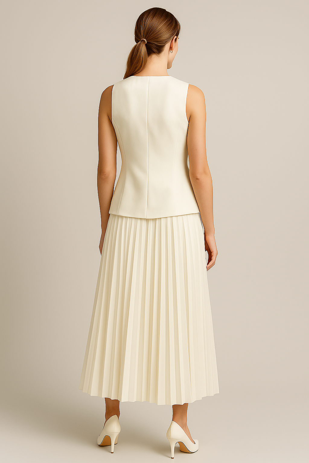 Ivory Pleated Skirt with Tailored Vest Co-ord Set in Soft Georgette