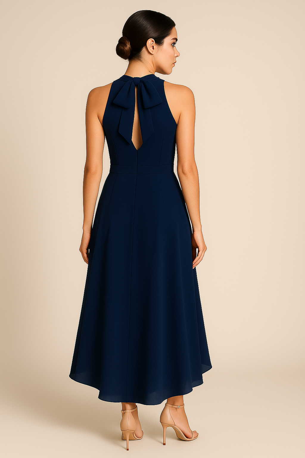 Midnight Blue High-Low Chiffon Evening Dress with Back Open