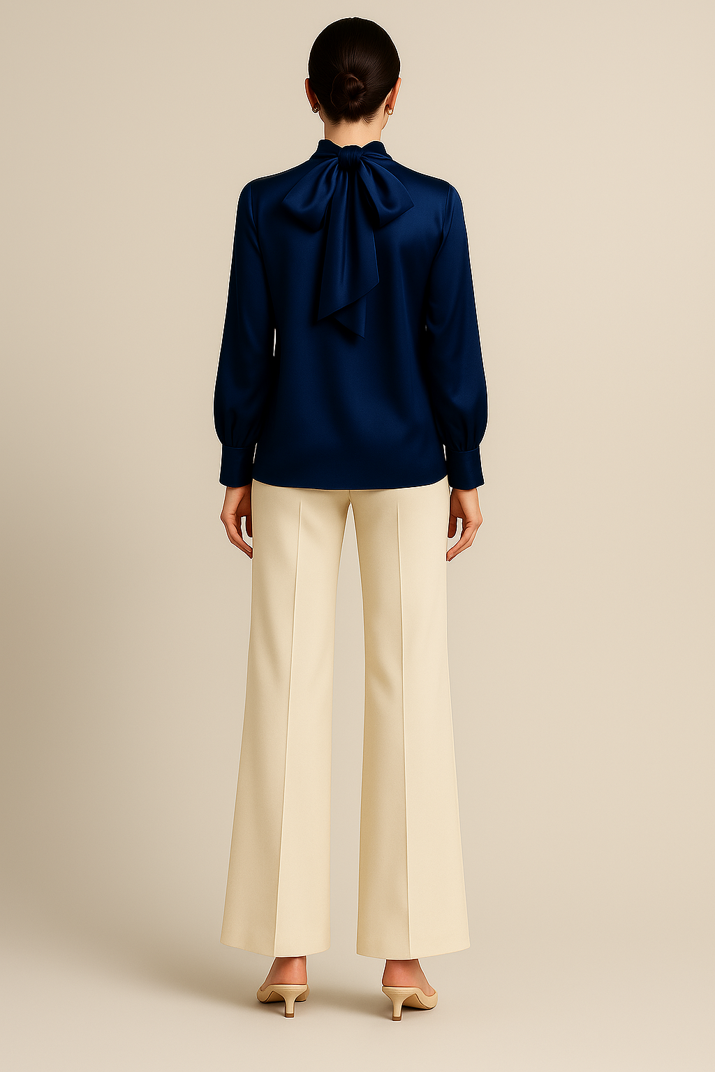 Midnight Blue Heavy Satin High-Neck Blouse with Asymmetric Draped Panel and Bishop Sleeves