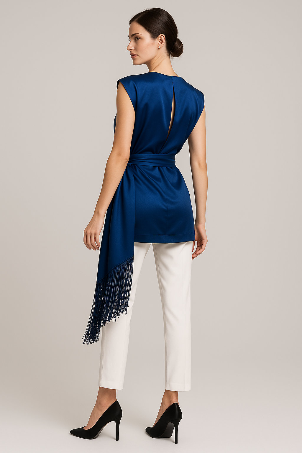 Royal Blue Heavy Satin Sleeveless Blouse with Detachable Waist Tie and Fringe Tassels