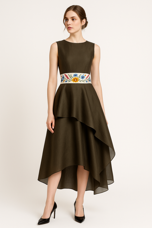 Asymmetric 2 tier embroidered belt dress