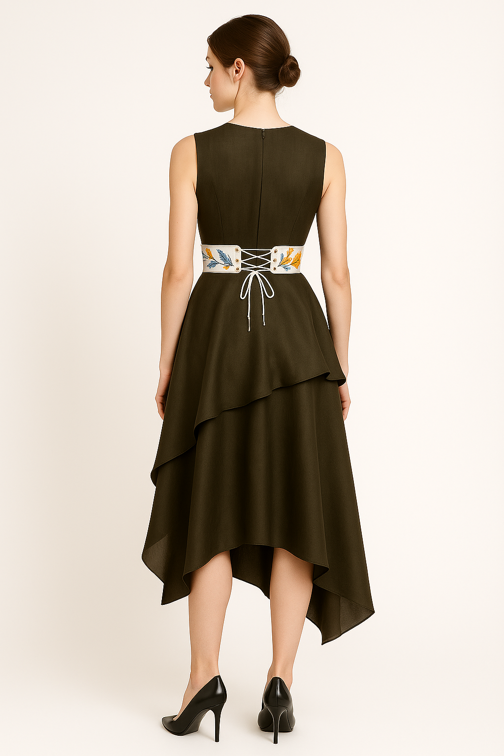 Asymmetric 2 tier embroidered belt dress