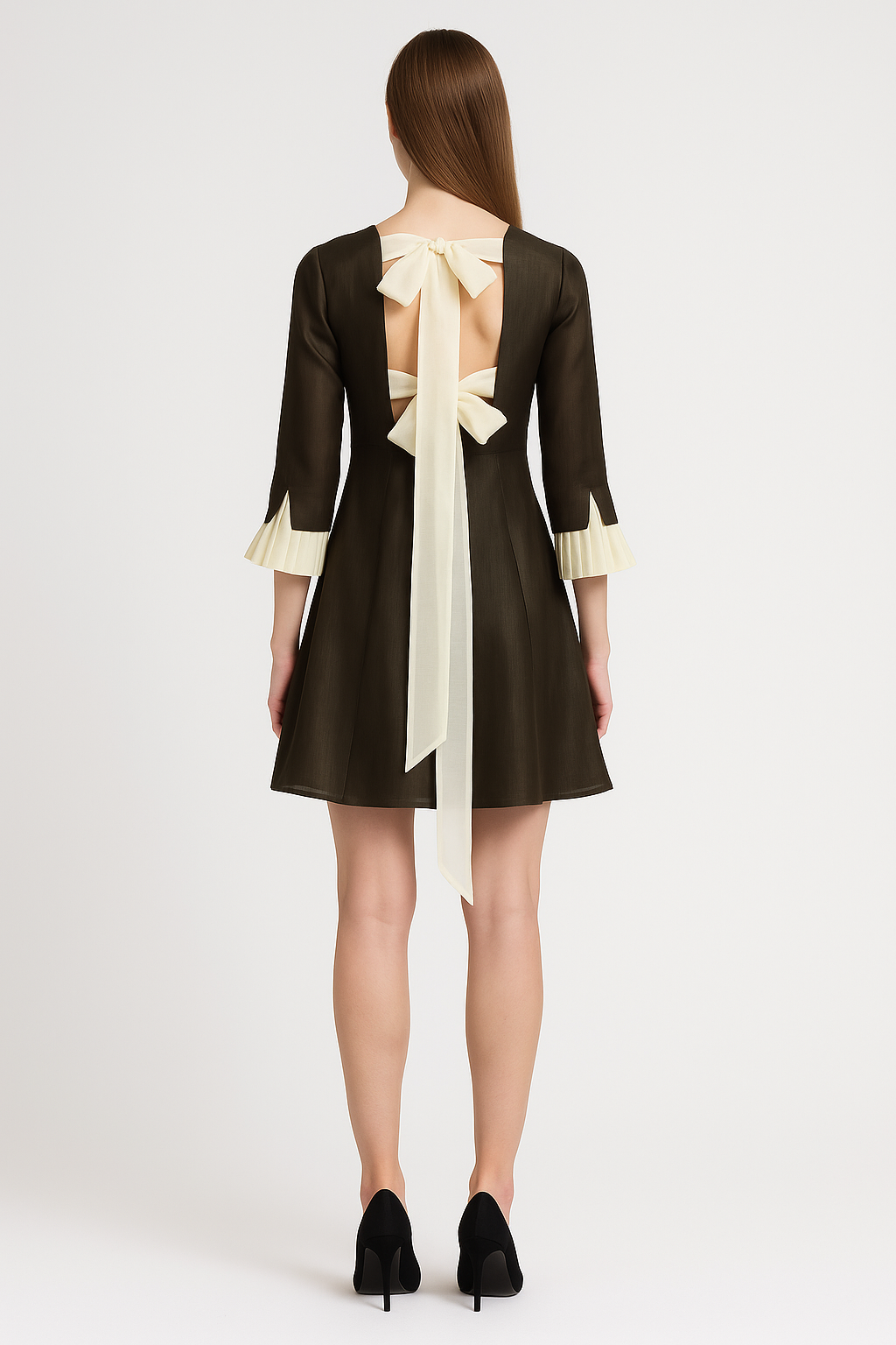 A-line dress with Georgette pleated sleeves and neck