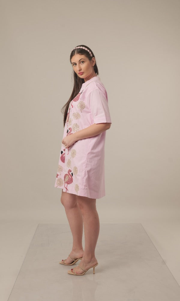 Flamingo Embroidered Dress