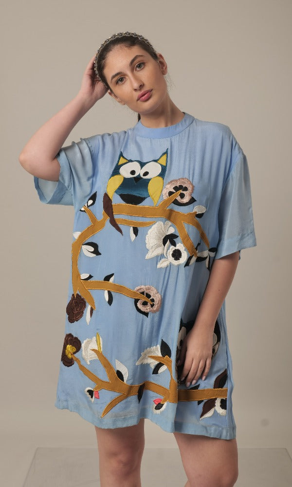 Blue T-shirt Dress With Hand Embroidery