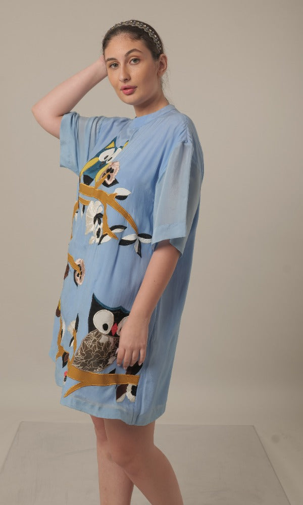 Blue T-shirt Dress With Hand Embroidery