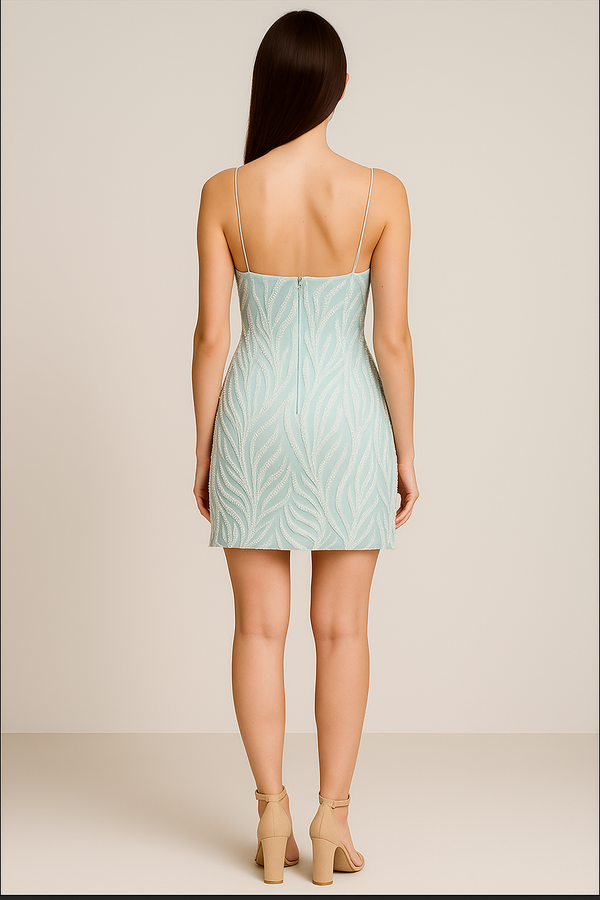Icy Blue Beaded Corset Mini Dress – Sweetheart Neckline & Spaghetti Straps