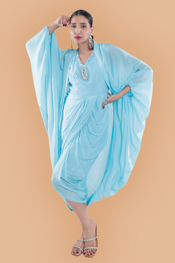 Embroidered Dress in Sky Blue/ Peach/ Aqua Blue  colours With Ruched Cape