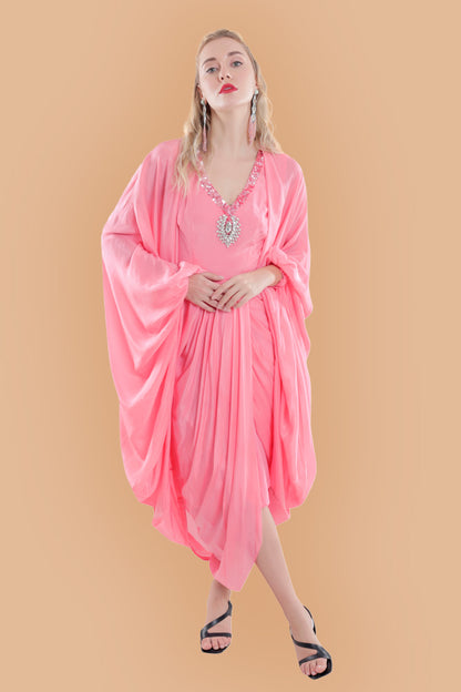 Peach Embroidered Draped Dress With Ruched Cape