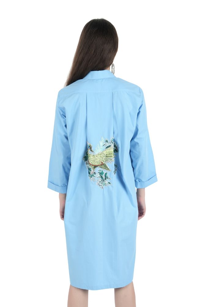 Bird Embroidered Blue Shirt Dress