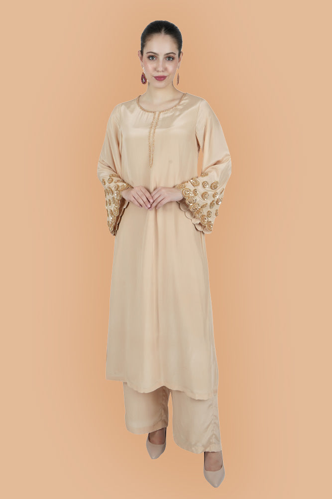 Beige Embroidered Silk Kurta Set