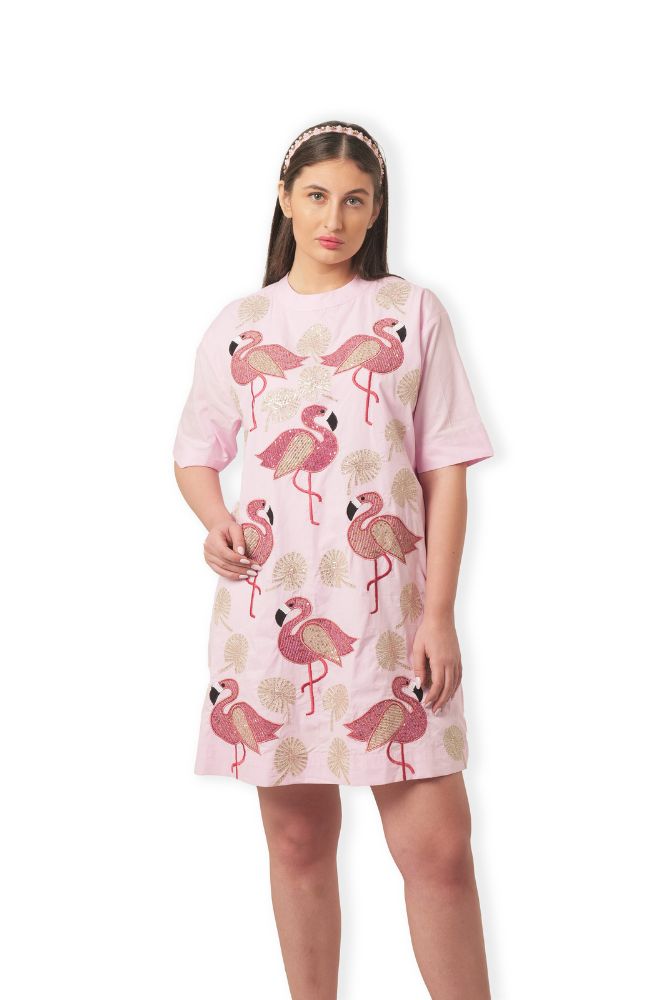 Flamingo Embroidered Dress