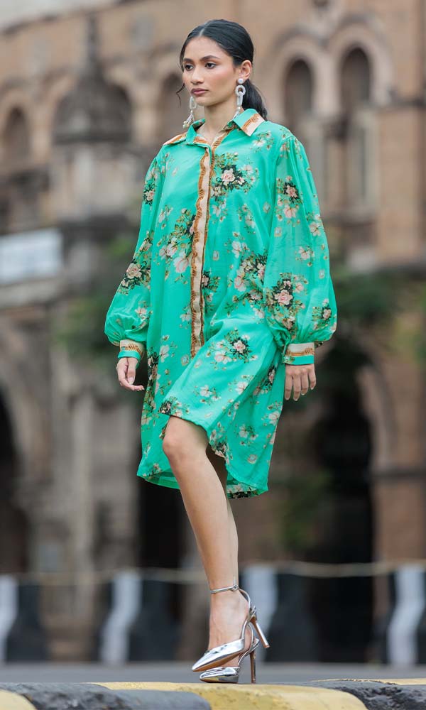Teal Shirt Dress With Balloon Sleeves