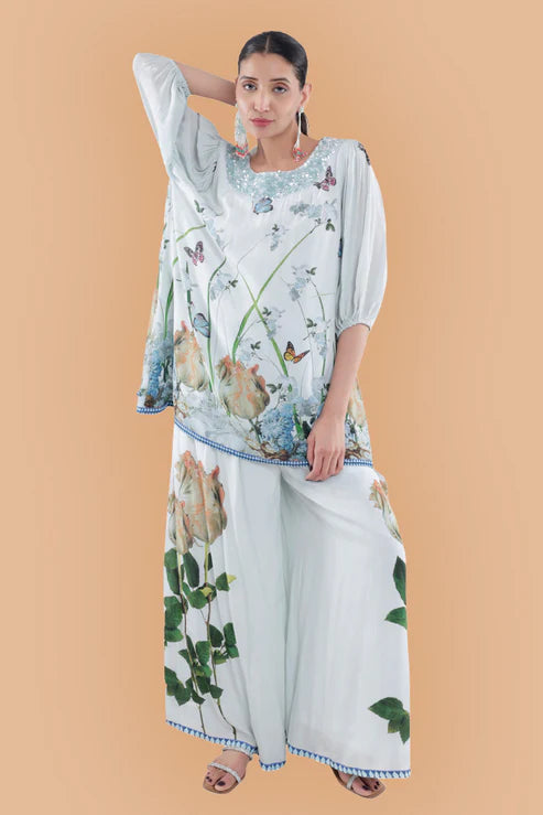 Floral Printed Silk Balloon Sleeve in Black/White/Blue Co-ord Sets