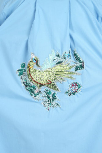 Bird Embroidered Blue Shirt Dress