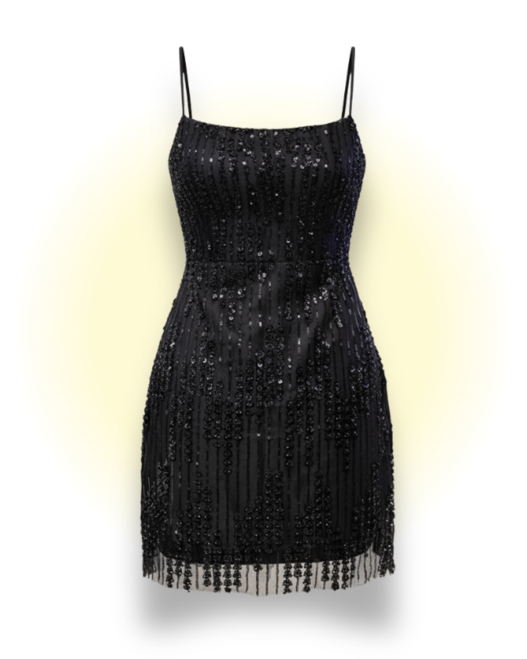 Black Sequin Criss-Cross Back Mini Dress with Mesh Fringe