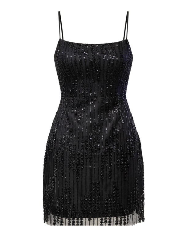 Black Sequin Criss-Cross Back Mini Dress with Mesh Fringe